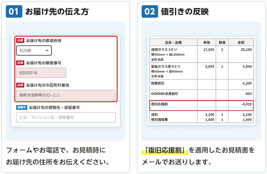 01 お届け先の伝え方: フォームやお電話で、お見積時にお届け先の住所をお伝えください。 02 値引きの反映: 「復旧応援割」を適用したお見積書をメールでお送りします。