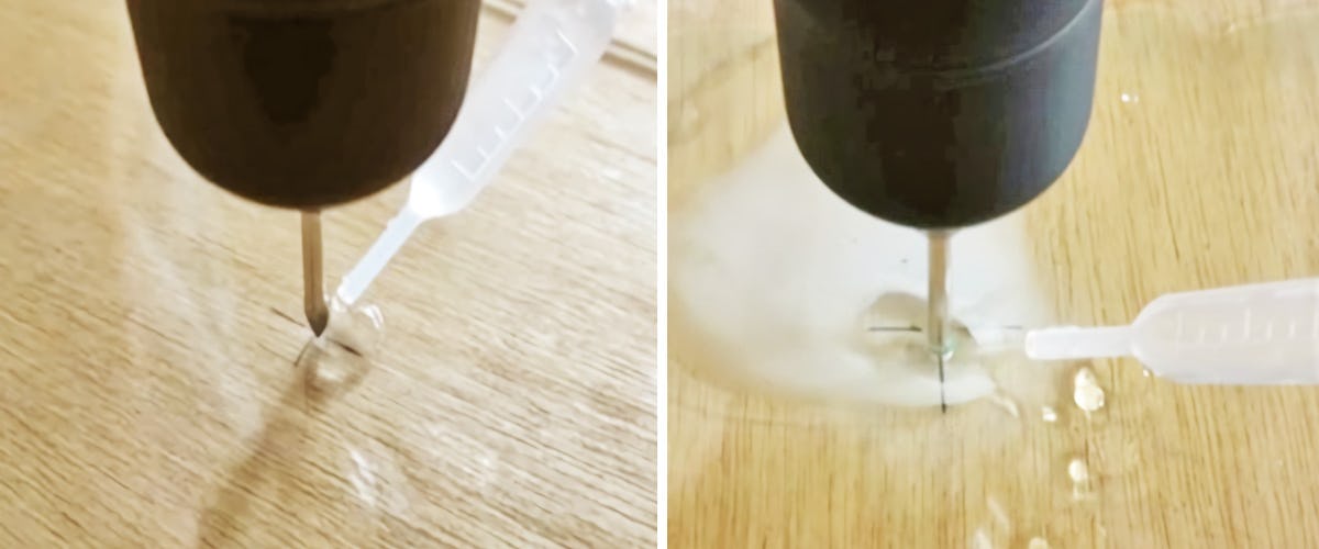 3. 水をかけながら穴あけする