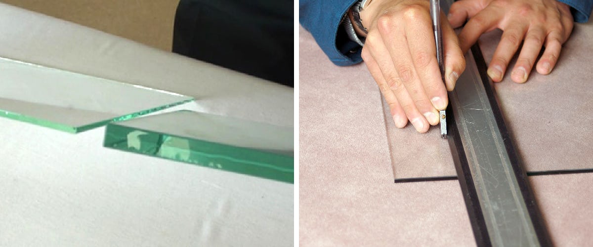 ガラスカッターを使った厚いガラスの切り方 - ガラスカッターで傷をつけるまでは通常の厚みのガラスカットと同じ