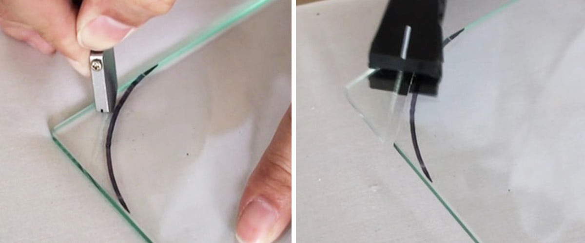 ガラスカッターで角を切断する：大幅に角を丸くする場合