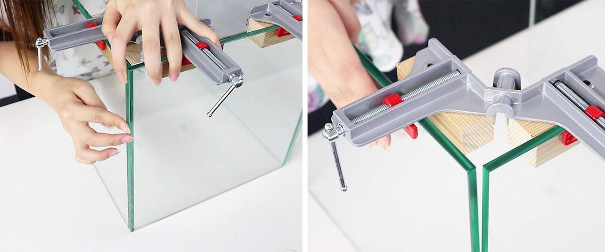 ガラスの接着方法／感光性接着剤を使う手順 - ②ガラスをクランプで固定