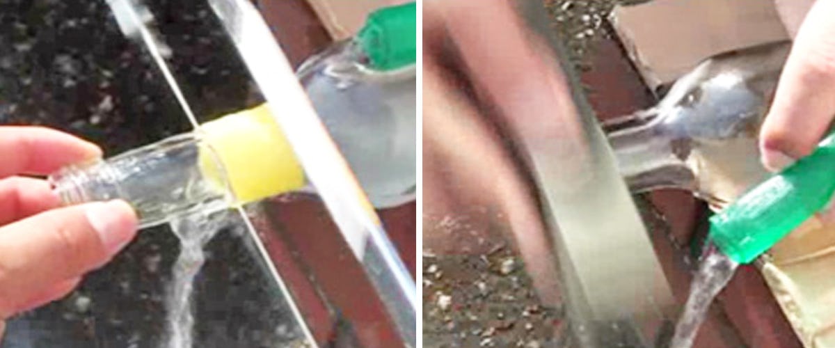 ガラス管ノコギリを使ったガラス瓶の切断法 - ②水をかけながらゆっくりカット、最後に切断面を砥石で磨く