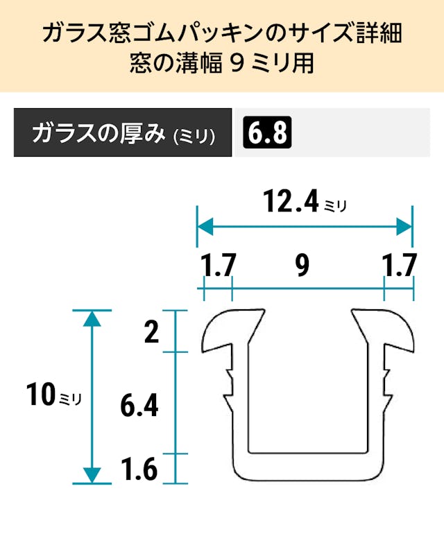 「ガラス窓ゴムパッキン」のサイズ詳細(窓の溝幅9ミリ)④ - ガラスの厚み6.8ミリ