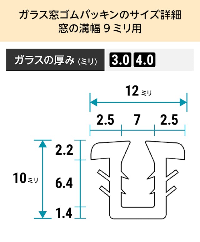 「ガラス窓ゴムパッキン」のサイズ詳細(窓の溝幅9ミリ)① - ガラスの厚み3ミリ、4ミリ