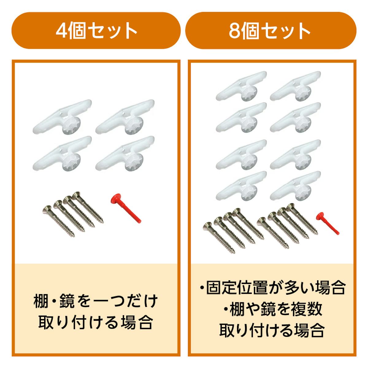 石膏ボード用の「トグラーボードアンカー」は、4個セットと8個セットから選べる