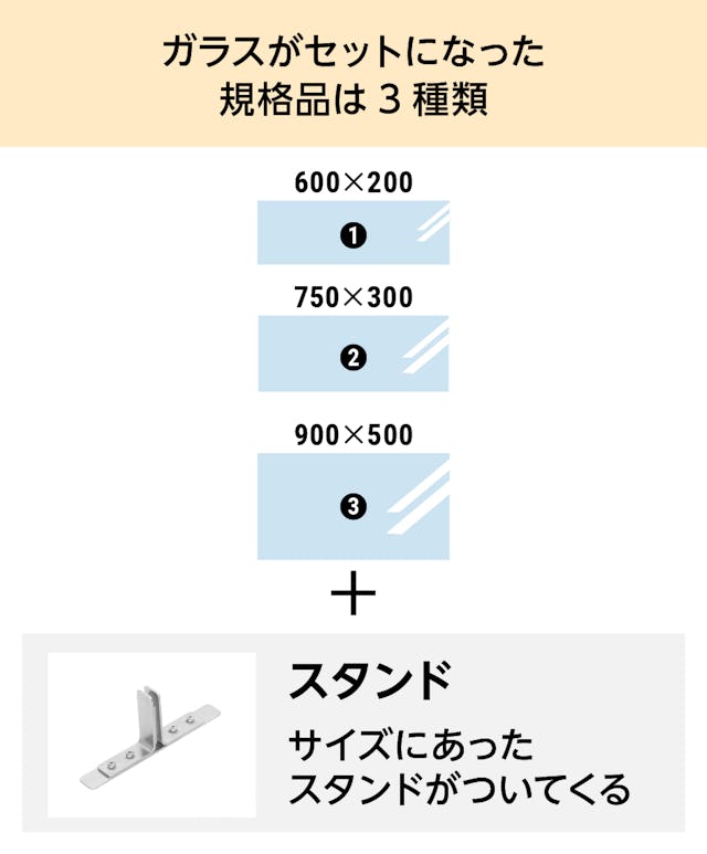 当社の後付け用「キッチン用油はねガード(ガラスパネル)」の規格品は3種類