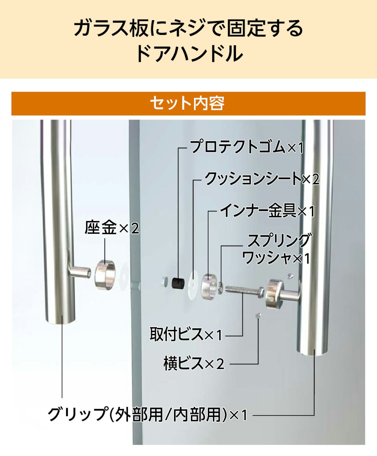 ガラス板に固定する取手セット「ドアハンドル押し棒【UG52】」