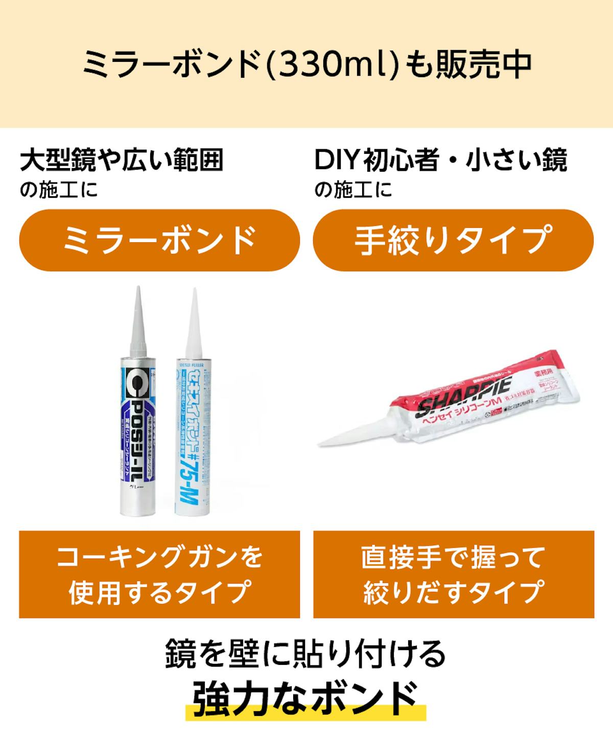 鏡を壁に貼るための強力な「ミラーボンド」も購入できる
